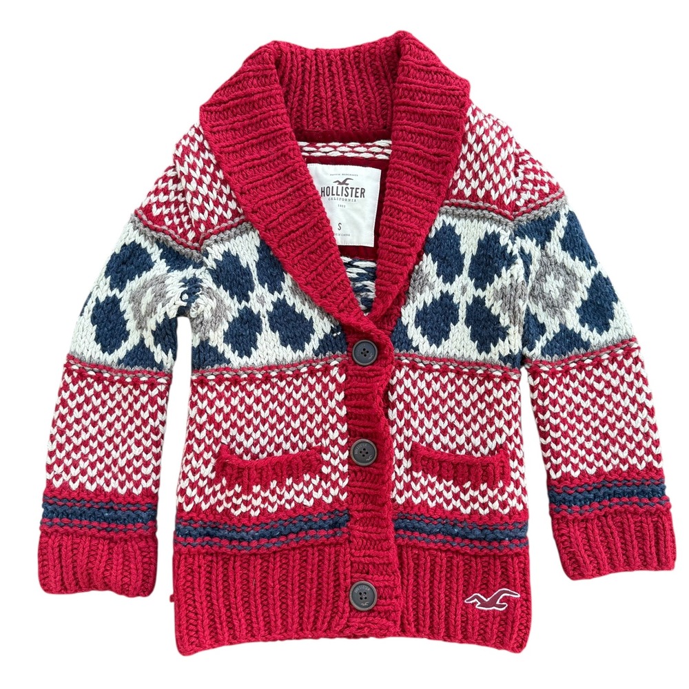 Hollister Women's Red Blue White Fair Isle Shawl Collar Knit Cardigan Sweater S